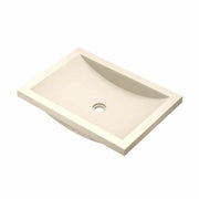 Sand-colored rectangular undermount sink with curved basin and single drain hole.