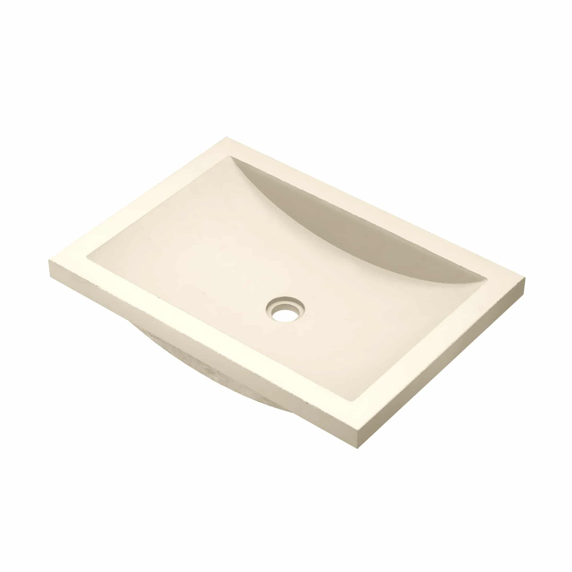 Sand-colored rectangular undermount sink with curved basin and single drain hole.