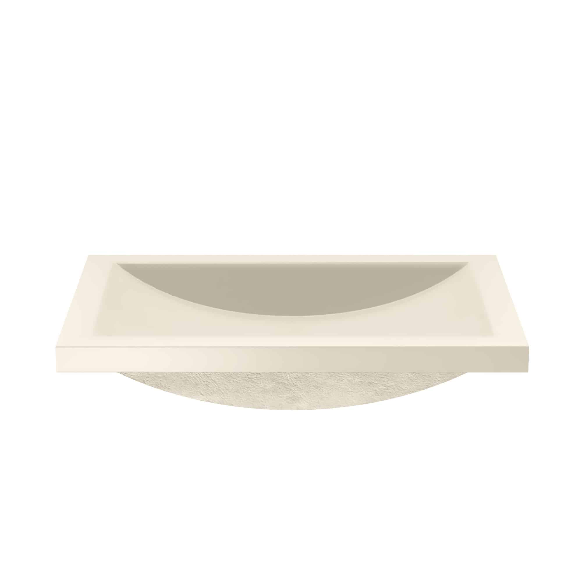 Sand-colored rectangular undermount sink with curved basin and textured front panel.