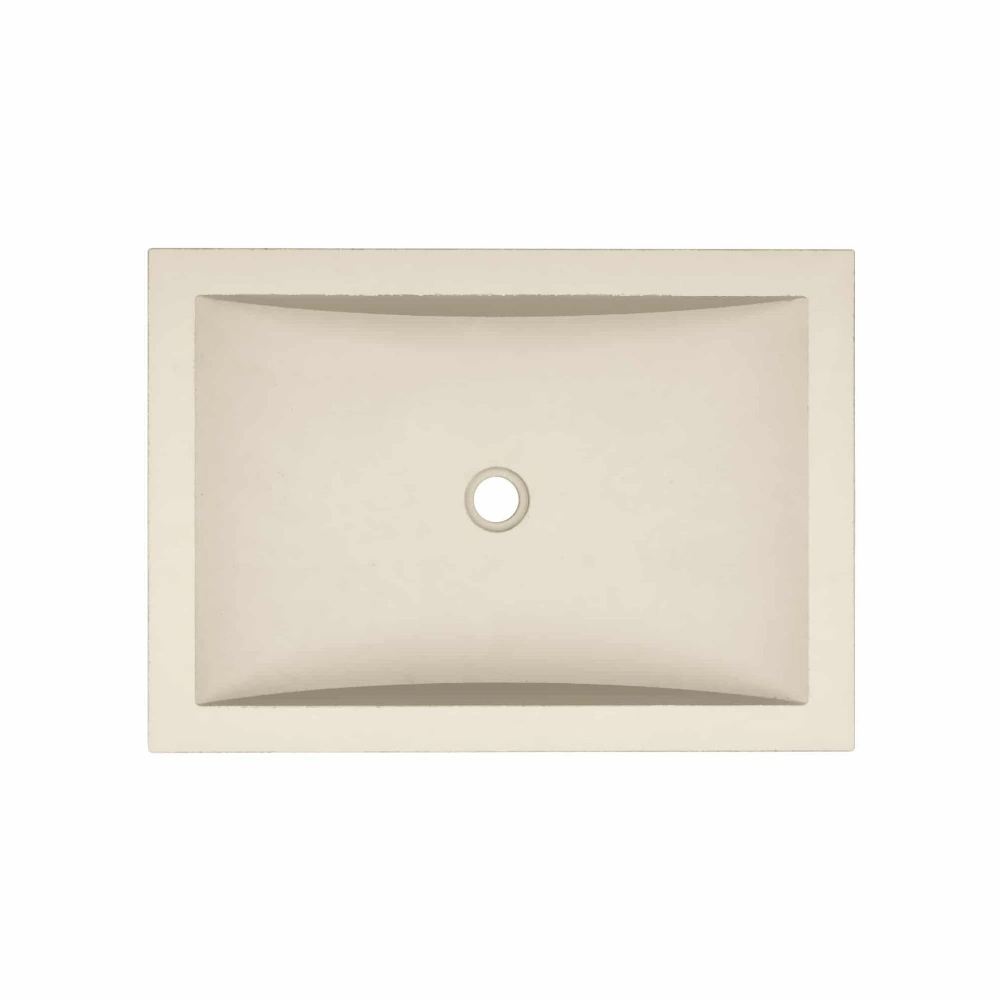 Sand-colored rectangular undermount sink with curved basin and single faucet hole.