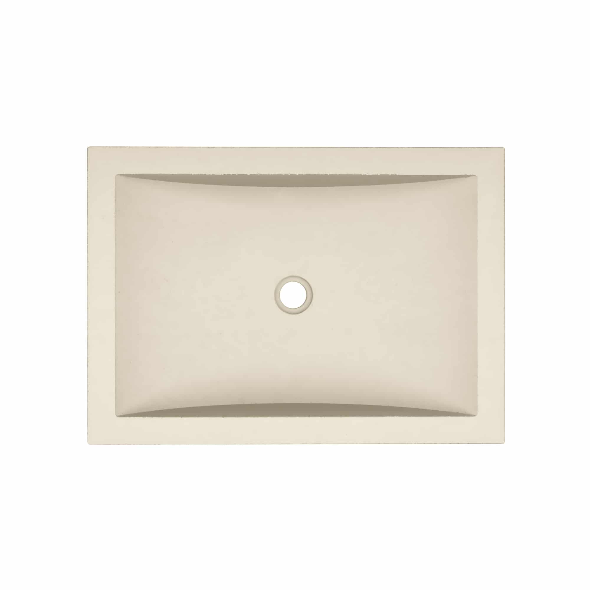 Sand-colored rectangular undermount sink with curved basin and single faucet hole.