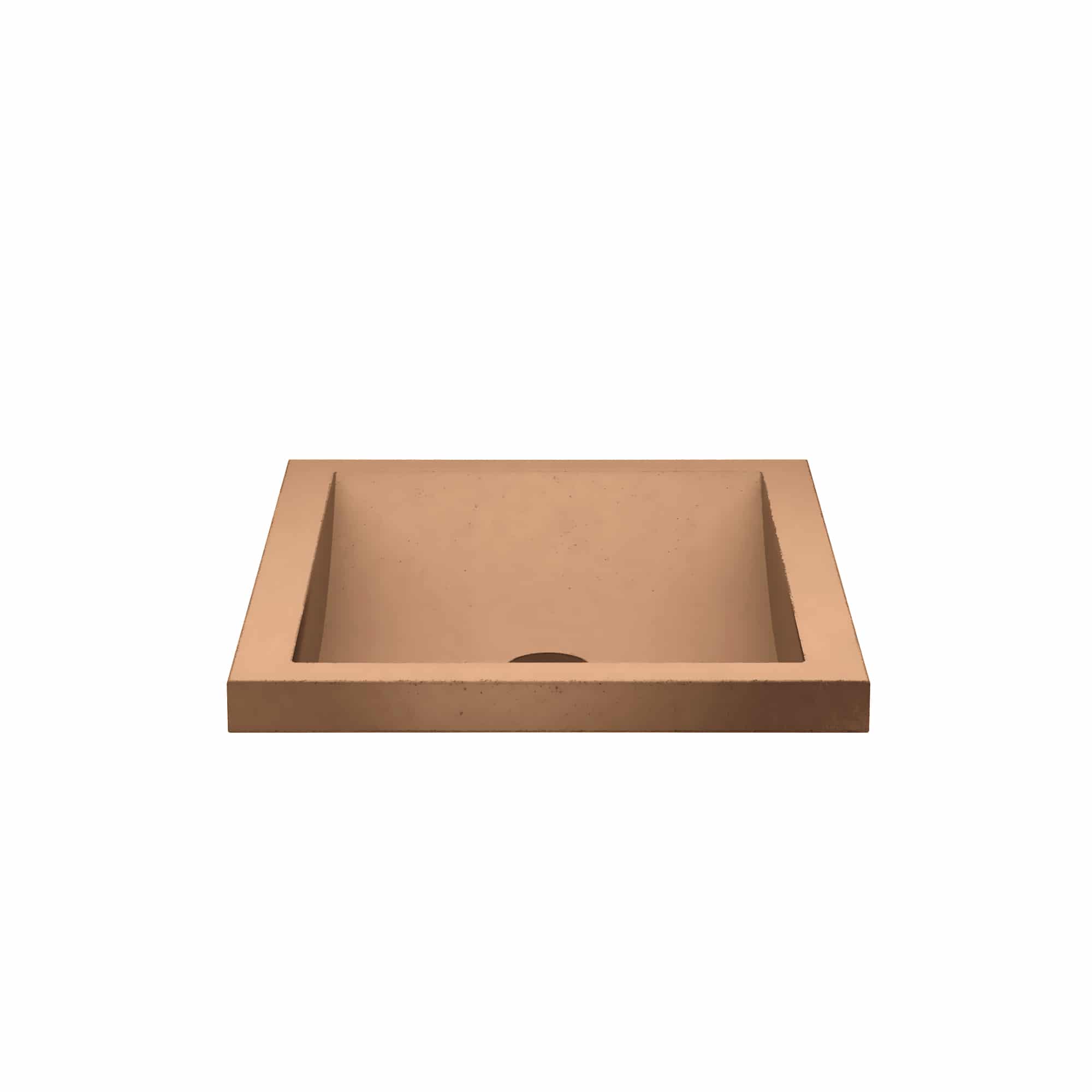 Terracotta rectangular bathroom sink with single drain hole and angled side walls.