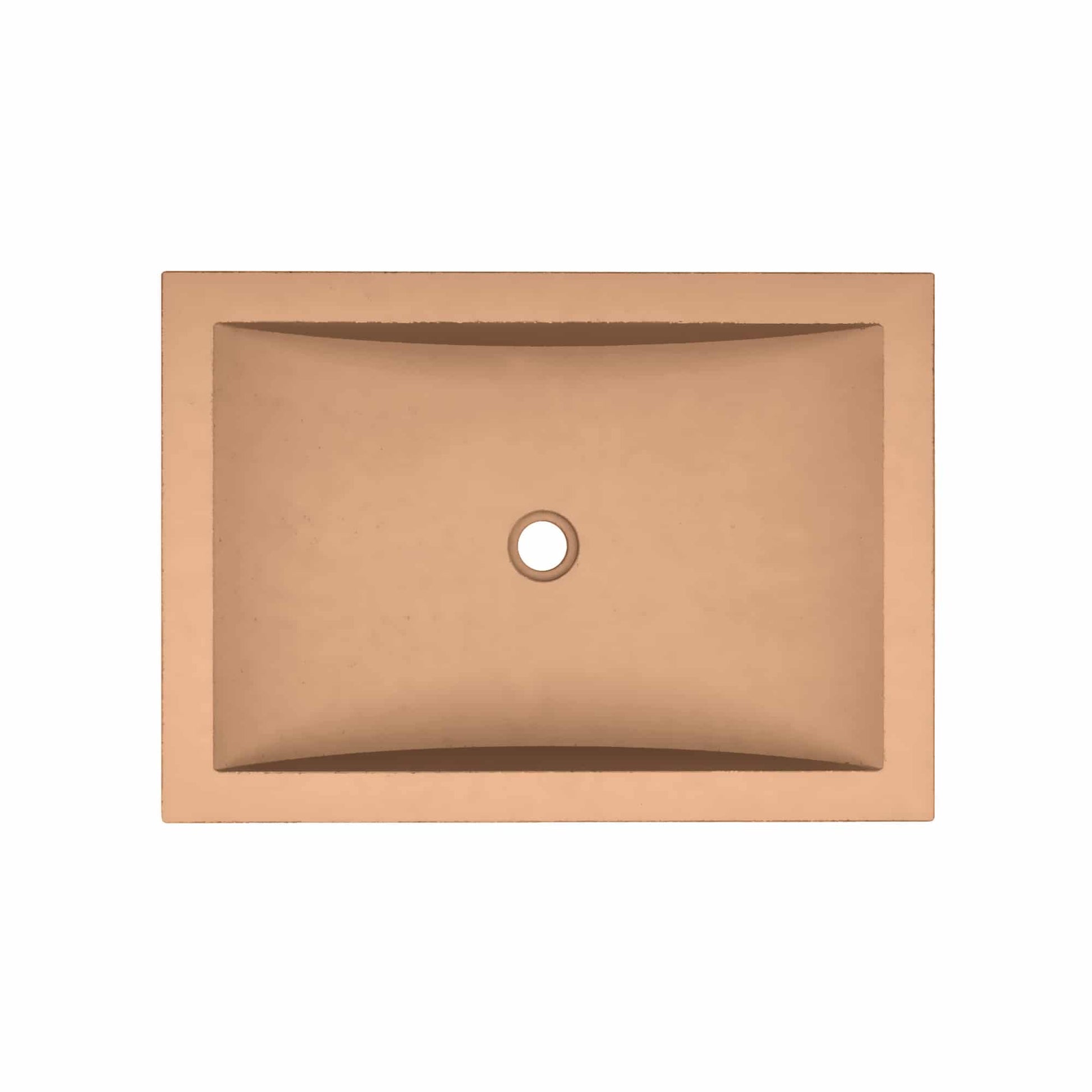 Terracotta rectangular undermount sink with curved basin and single faucet hole, viewed from above.