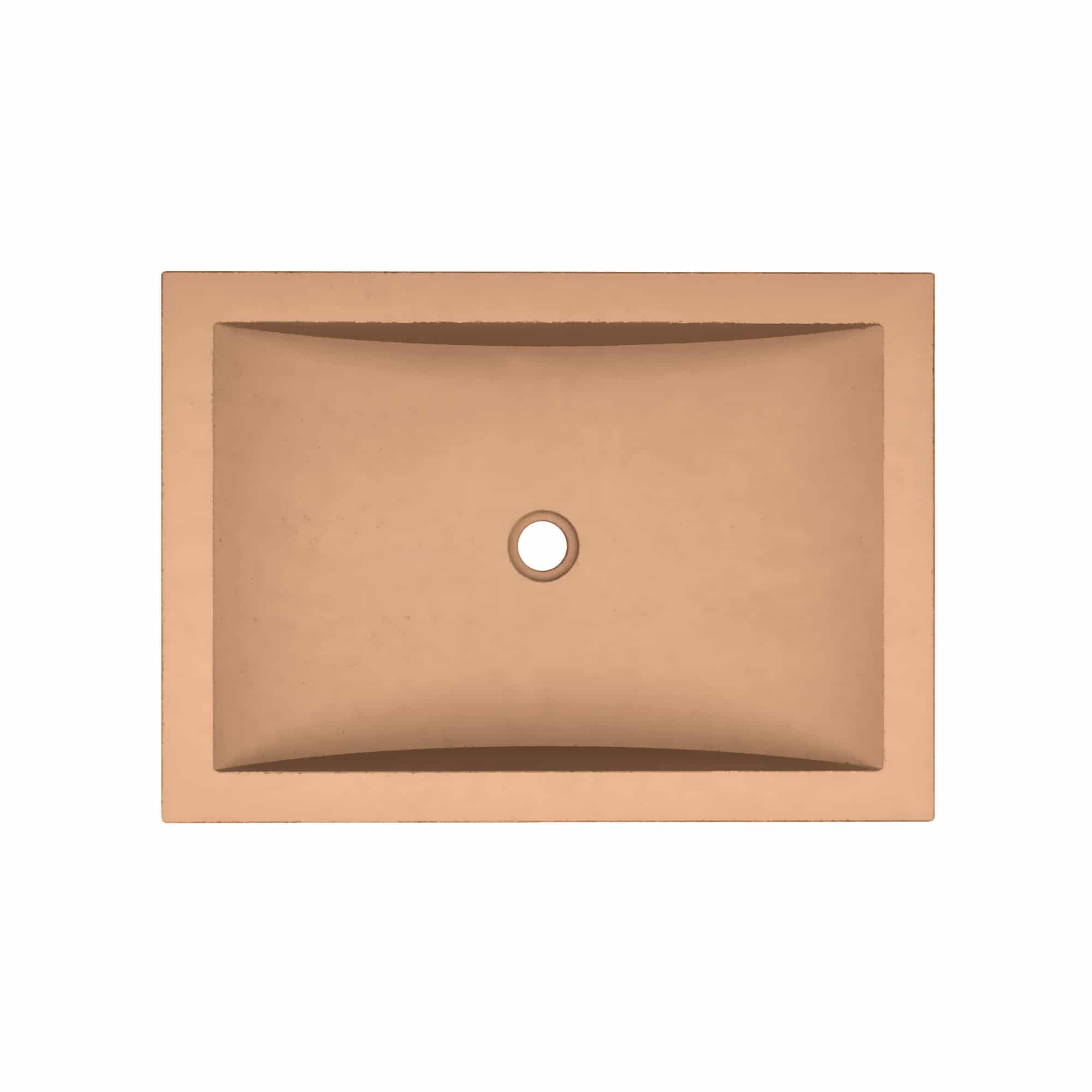 Terracotta rectangular undermount sink with curved basin and single faucet hole, viewed from above.
