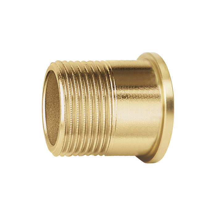 Brass NPT tail piece with threaded male connection on left side and smooth cylindrical end on right side.