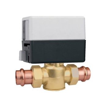 Brass 2-way zone valve with white and black actuator head and copper connection ports.