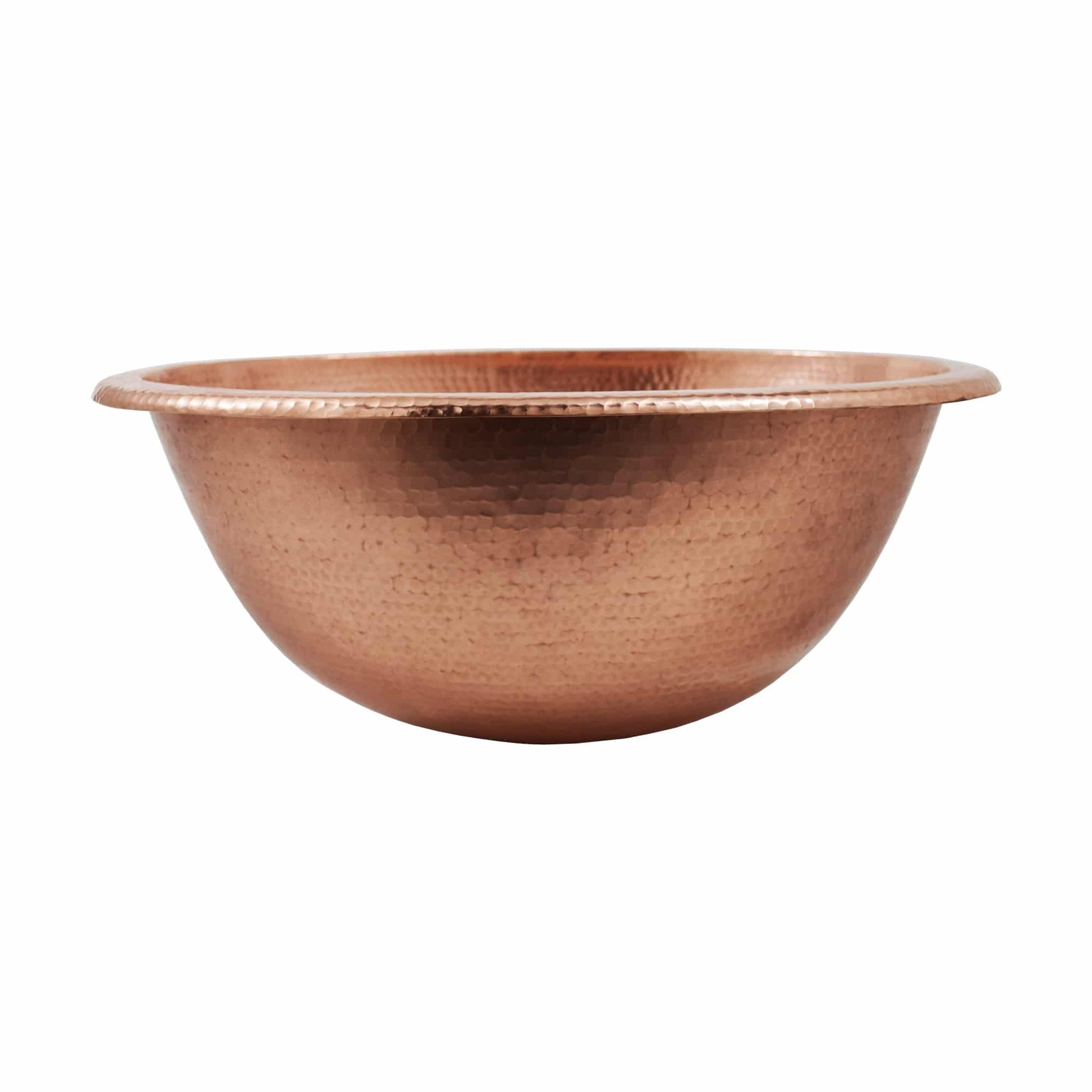 Polished copper bowl with hammered texture and rolled rim edge.