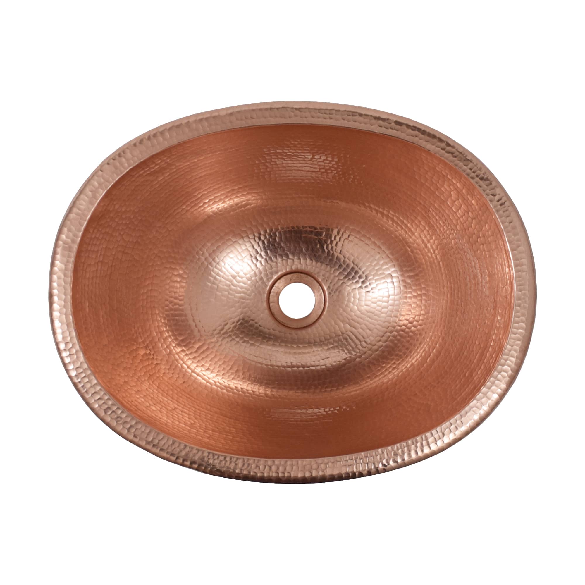 Polished copper oval sink with hammered texture and single drain hole.