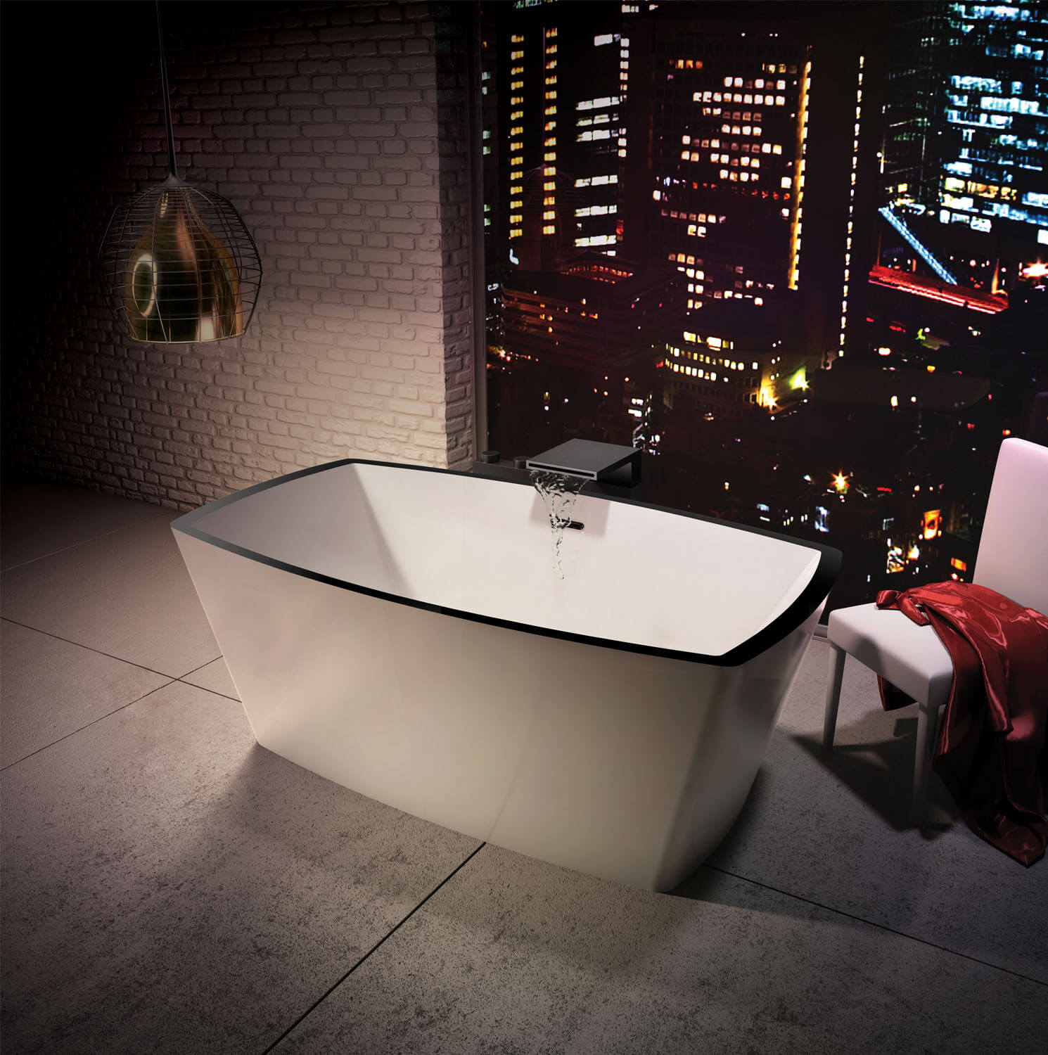 White rectangular freestanding soaker bathtub with black rim and chrome faucet in modern bathroom setting.
