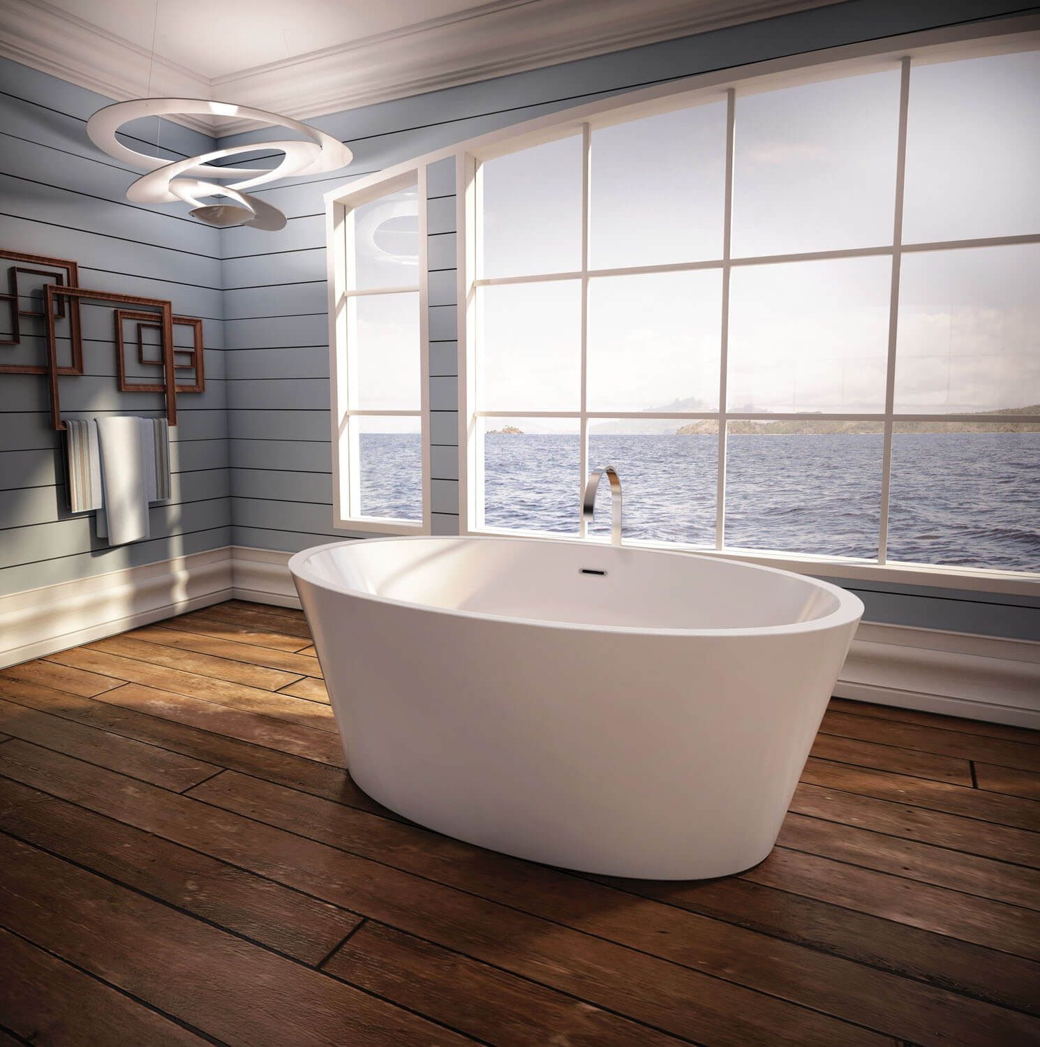 White oval freestanding soaker bathtub with curved rim in modern bathroom setting.