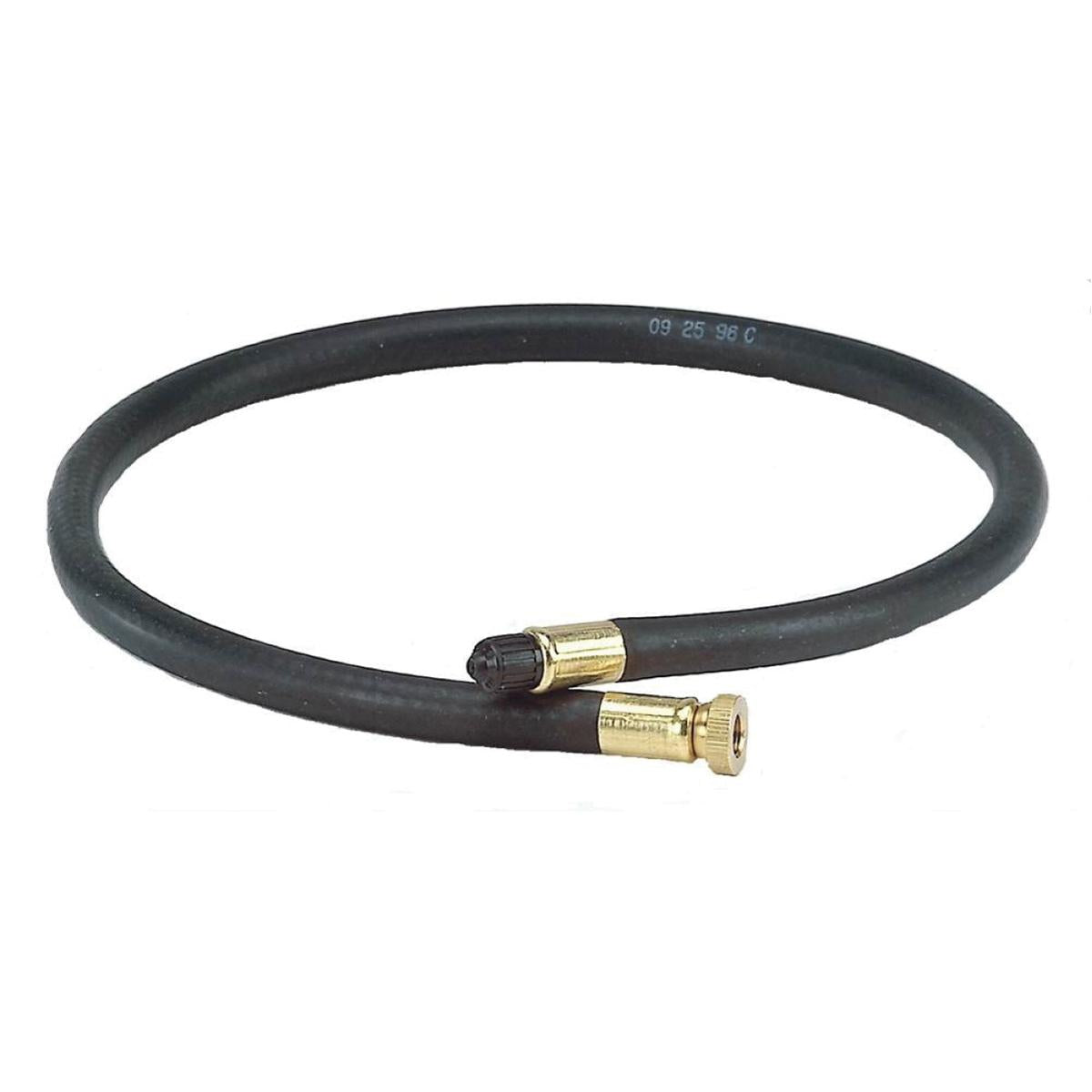 Black rubber hose with brass fittings on both ends, coiled in a loop.