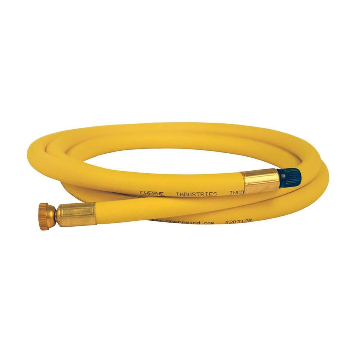 Yellow inflation hose with brass fittings on both ends and black valve cap.