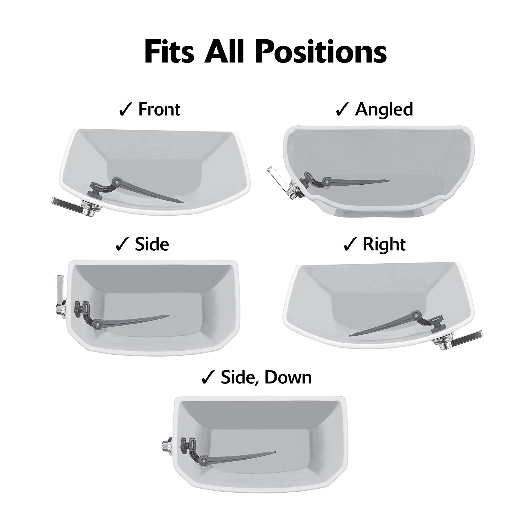 Chrome toilet handle lever shown installed in five different mounting positions: front, angled, side, right, and side-down.