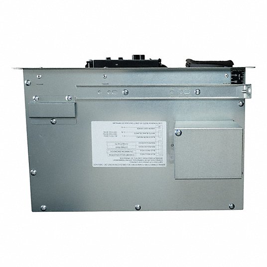Gray metal rectangular ventilation unit with black control components on top and white label on front panel.