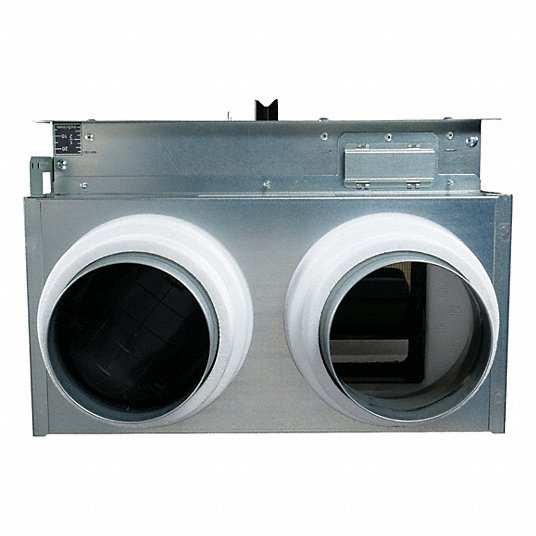 Gray metal energy recovery ventilator with two white-rimmed circular duct openings and control panel on top.