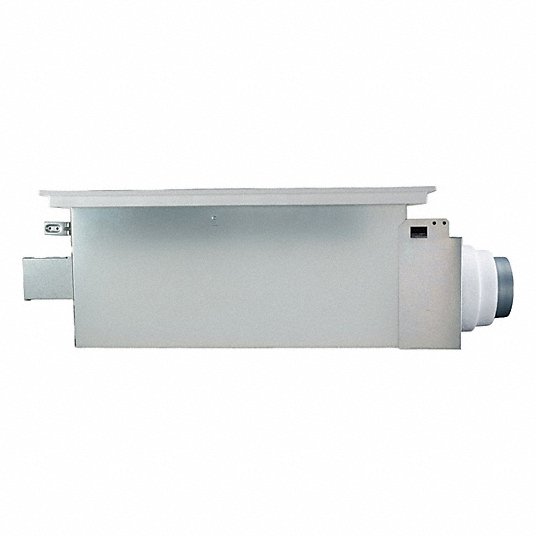 White rectangular ventilation unit with cylindrical duct connections on left and right sides, control panel on upper right.
