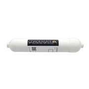 White cylindrical CondensateRx neutralizer cartridge with black label band and connector ports on each end.
