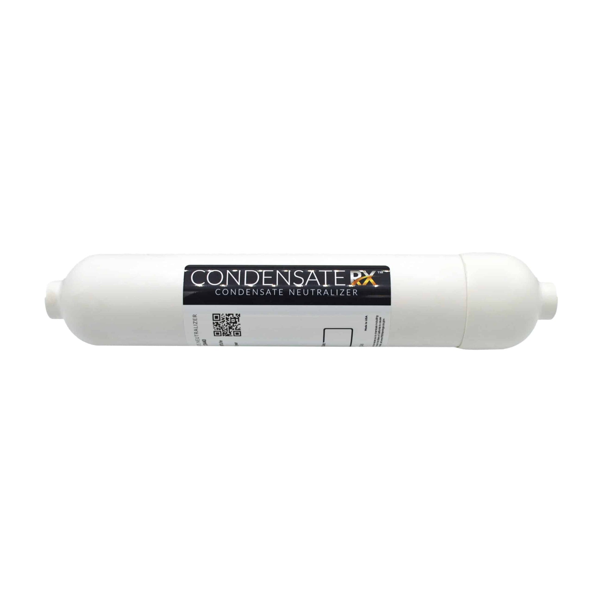 White cylindrical CondensateRx neutralizer cartridge with black label band and connector ports on each end.