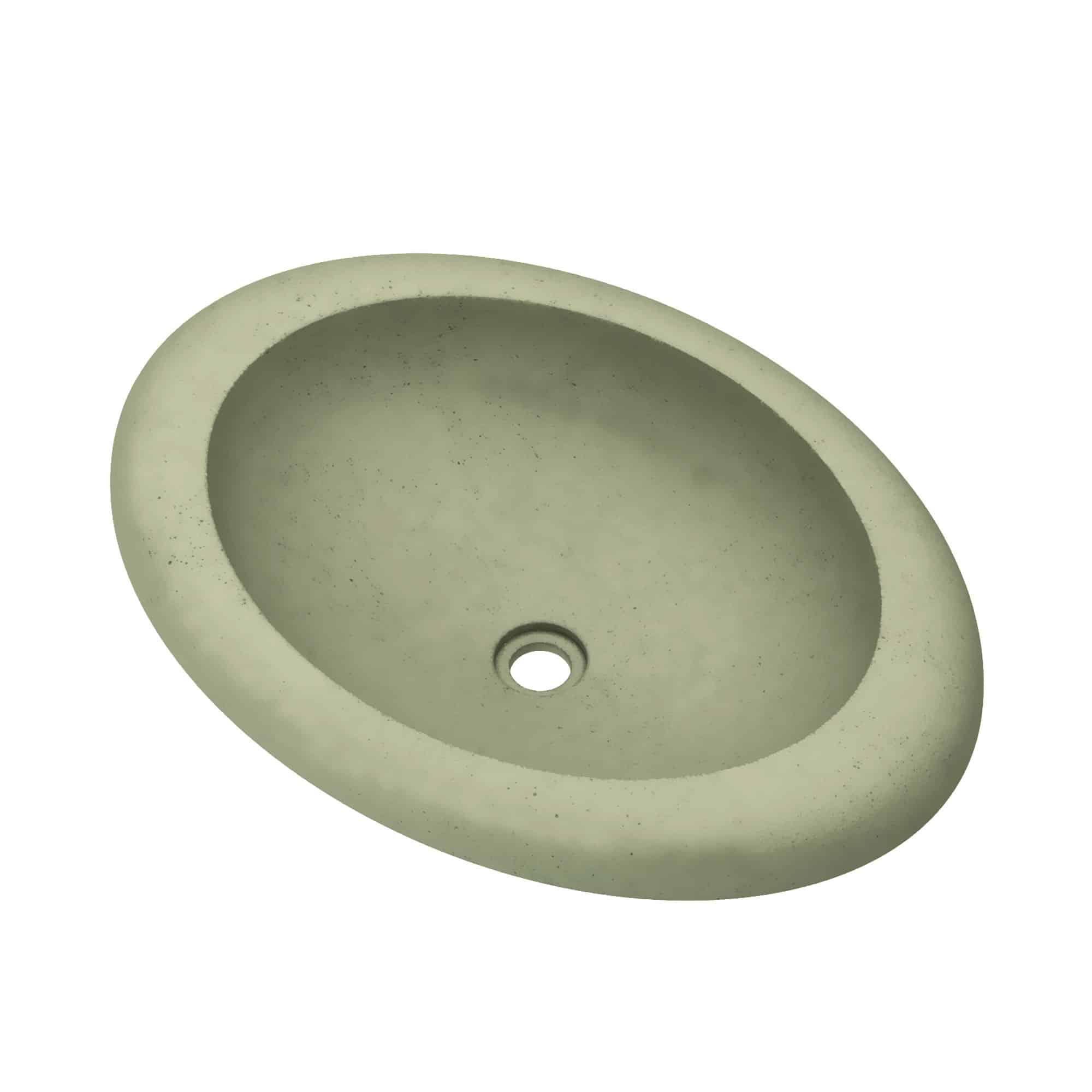 Sage-colored oval concrete sink with single drain hole and textured surface.