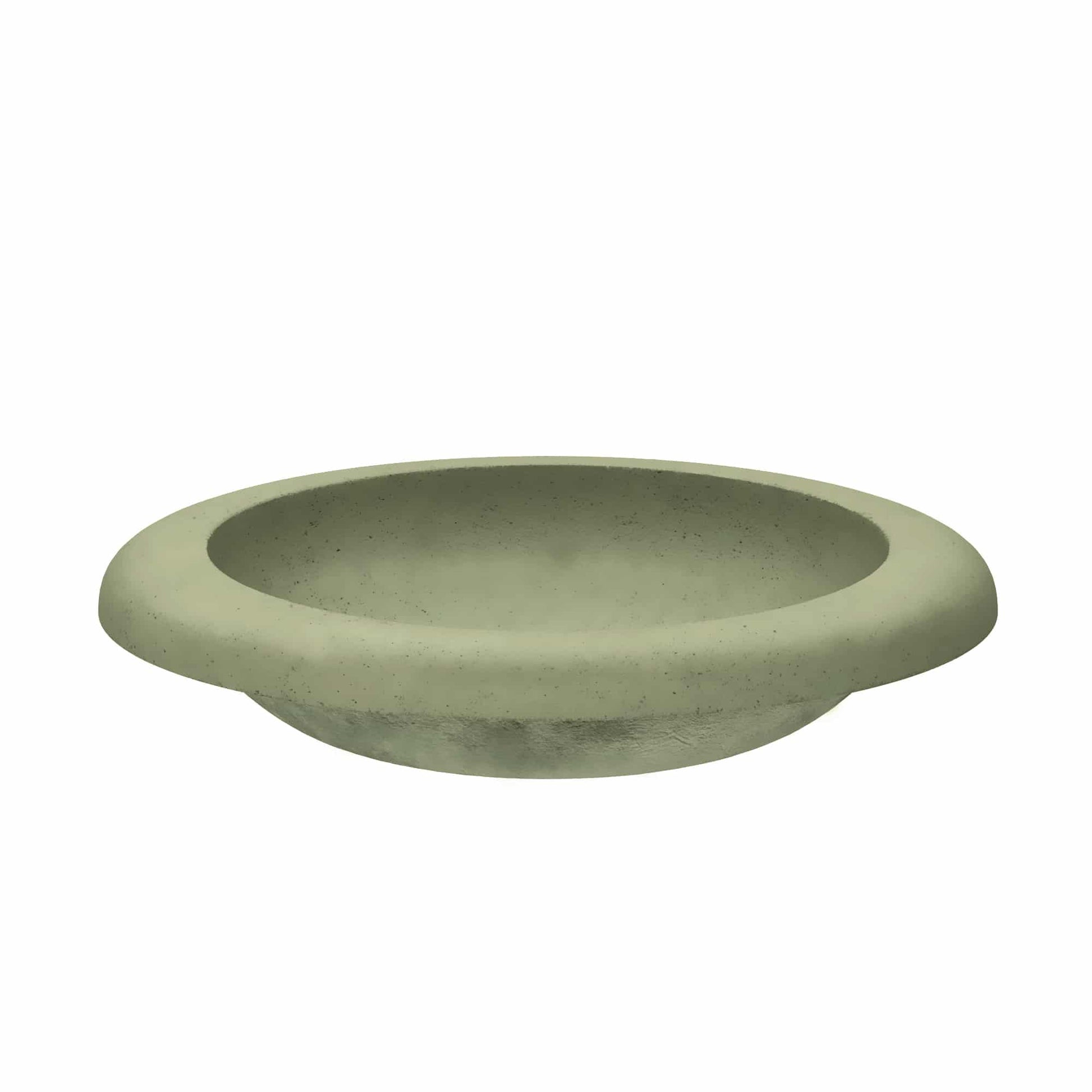 Sage-colored round concrete vessel sink with wide rim and textured surface.