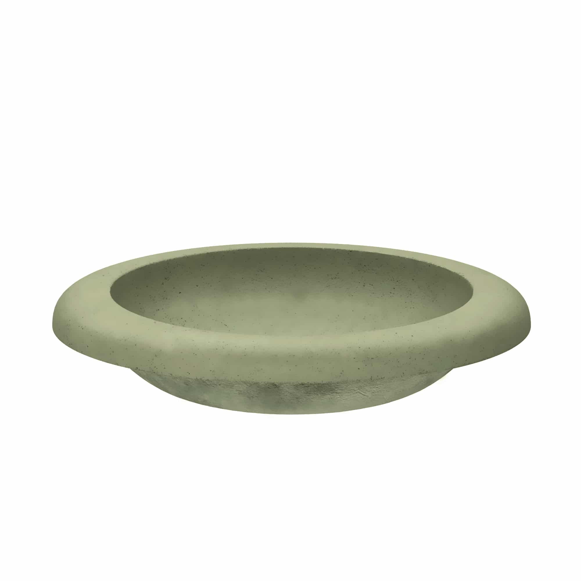Sage-colored round concrete vessel sink with wide rim and textured surface.