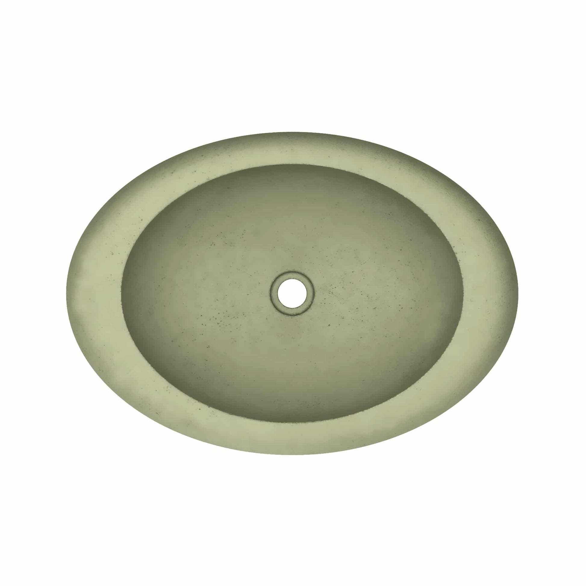 Oval concrete sink in sage green with textured finish and center drain hole, top view.