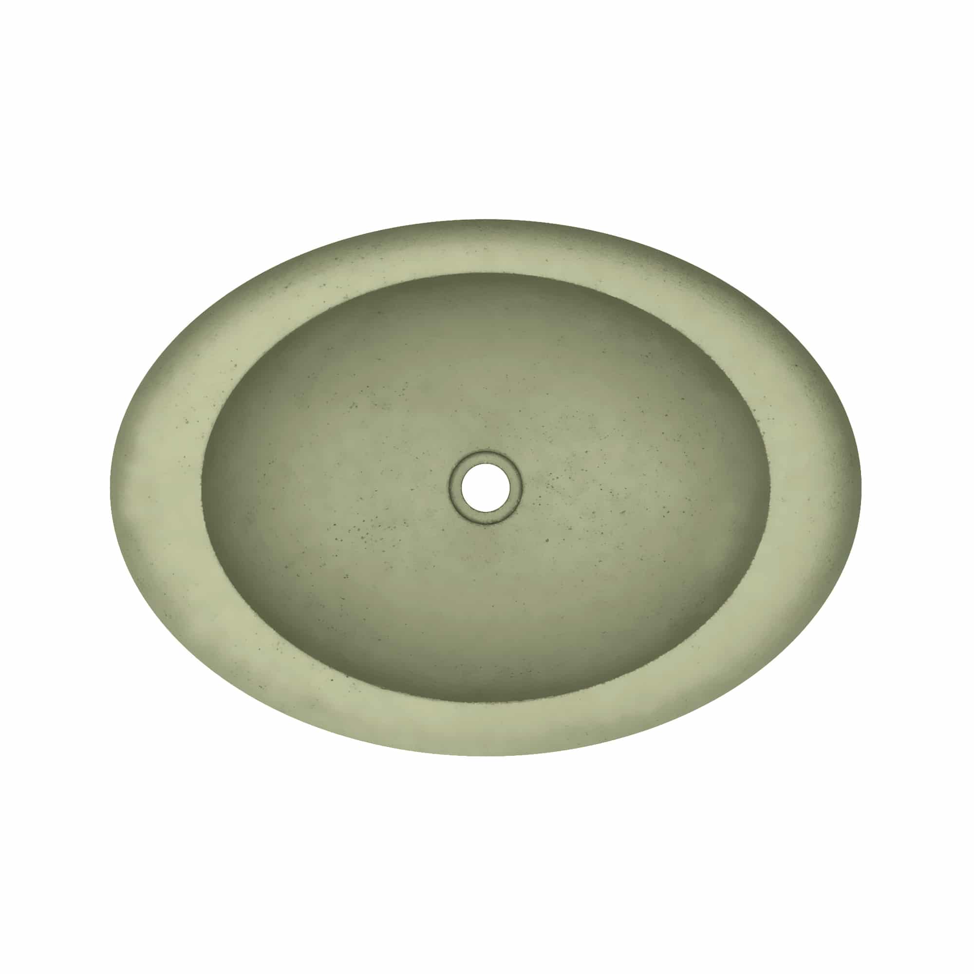 Oval concrete sink in sage green with textured finish and center drain hole, top view.