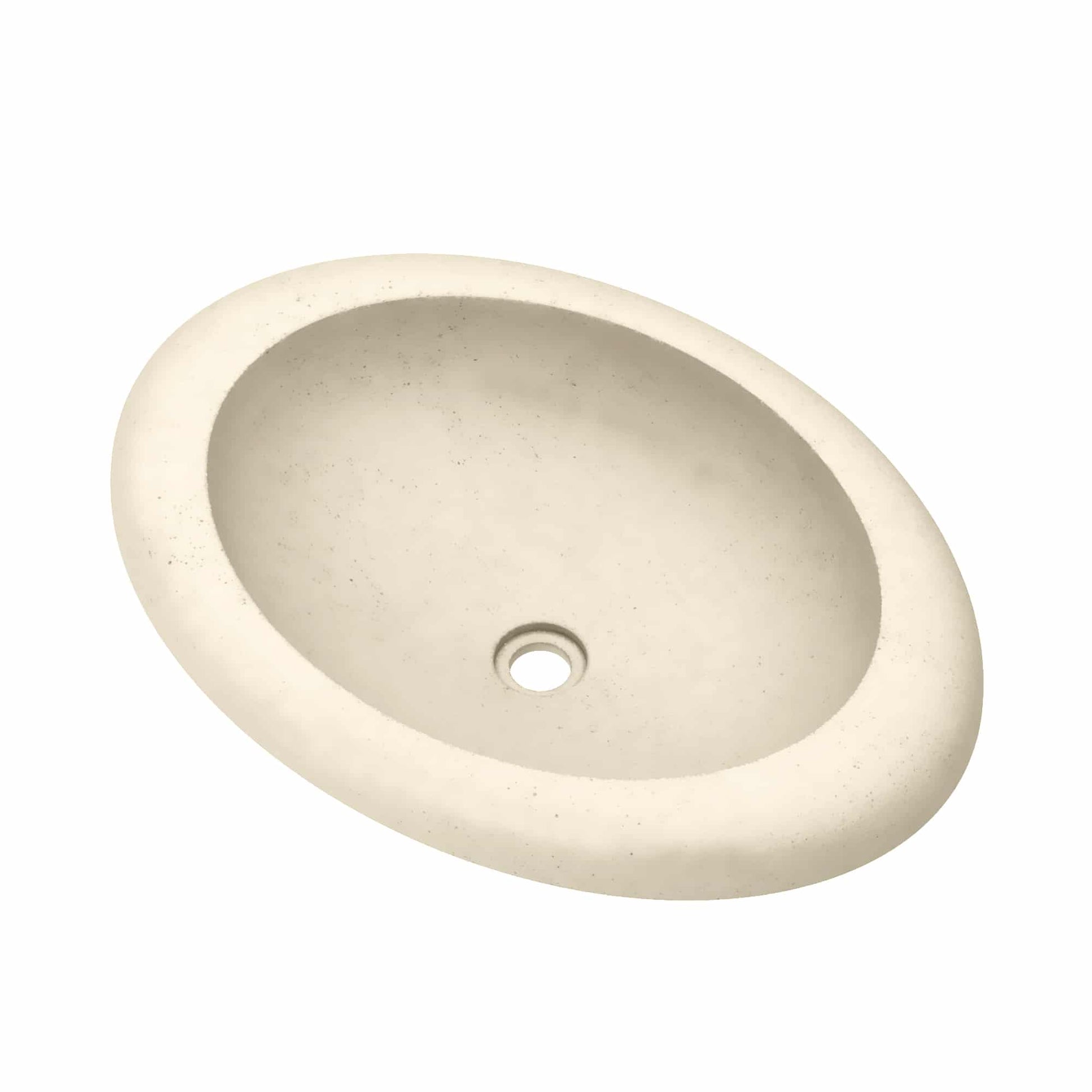 Sand-colored oval concrete sink with rounded rim and center drain hole.