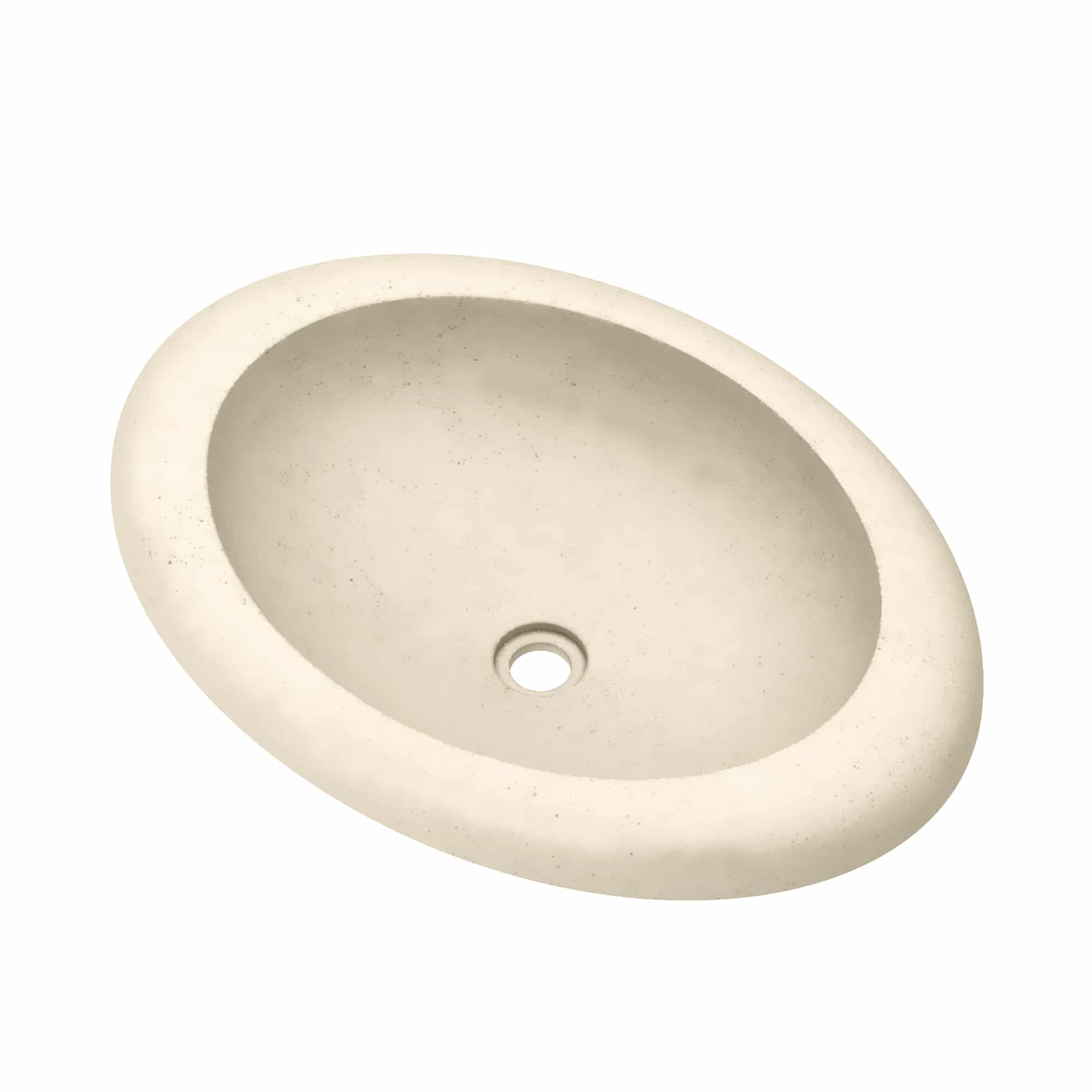 Sand-colored oval concrete sink with rounded rim and center drain hole.