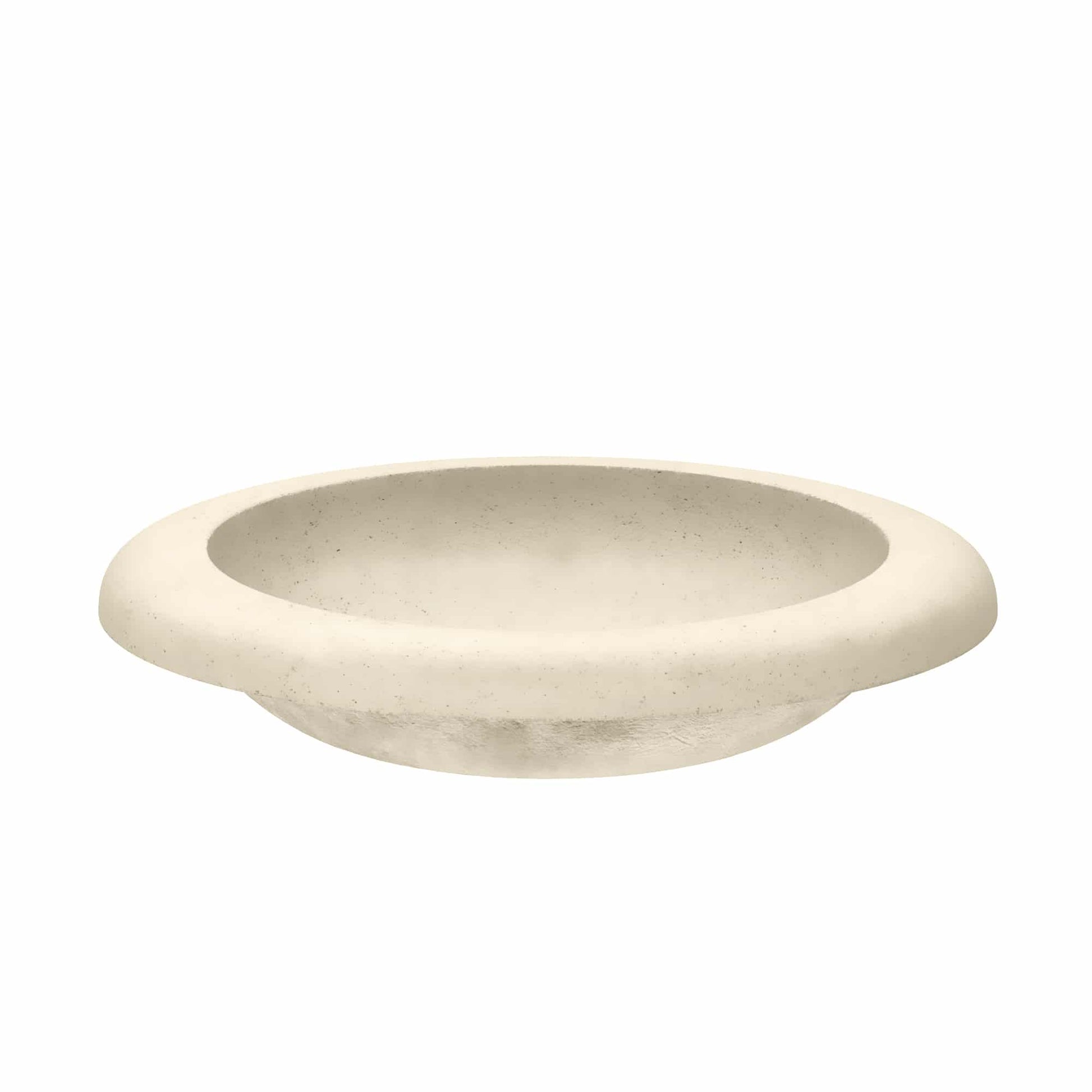Sand-colored round vessel sink with wide rim and speckled concrete finish.