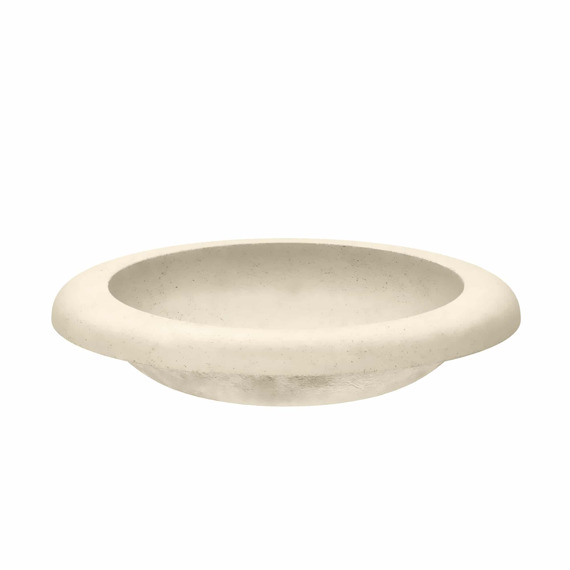 Sand-colored round vessel sink with wide rim and speckled concrete finish.