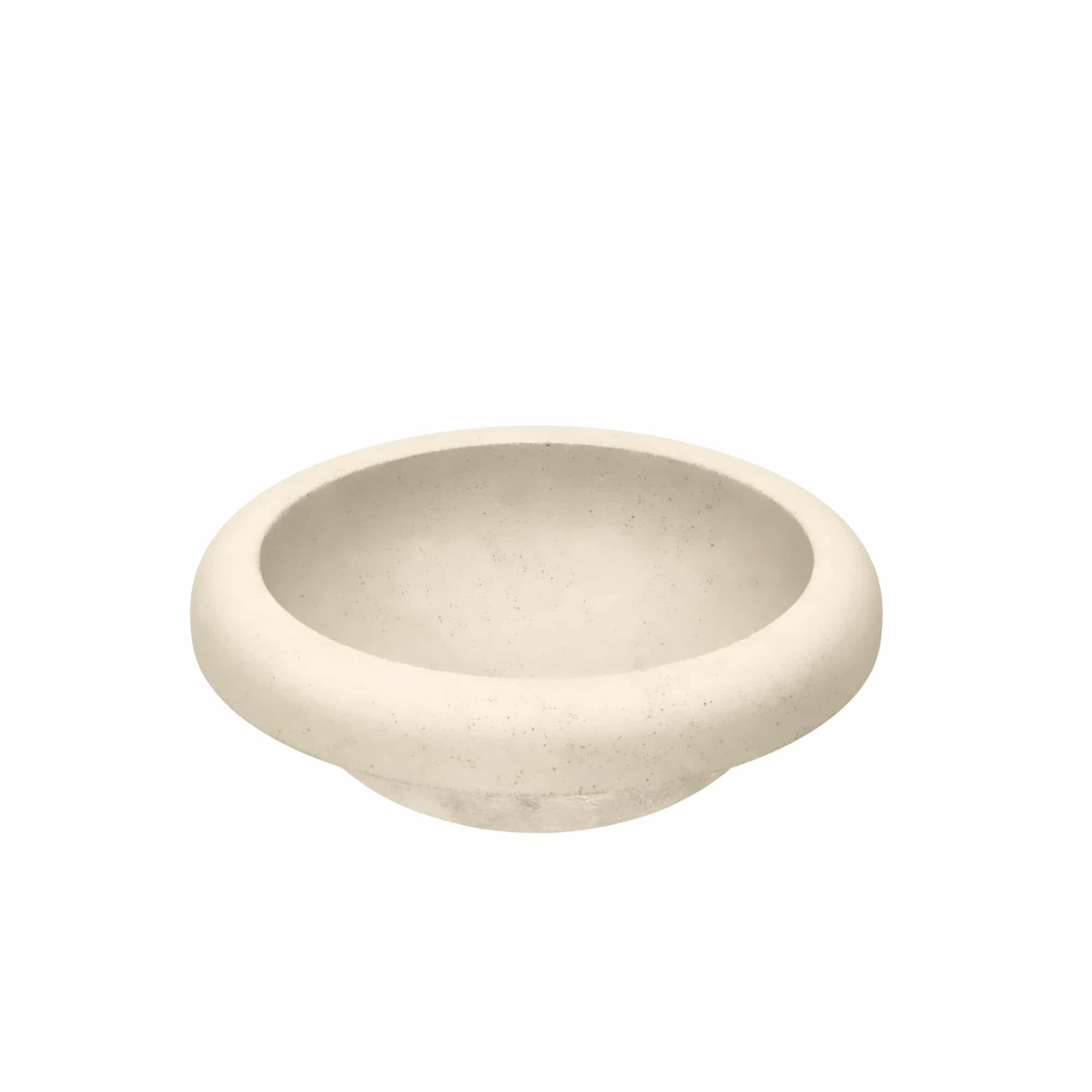 Sand-colored round concrete vessel sink with wide rim and shallow basin.