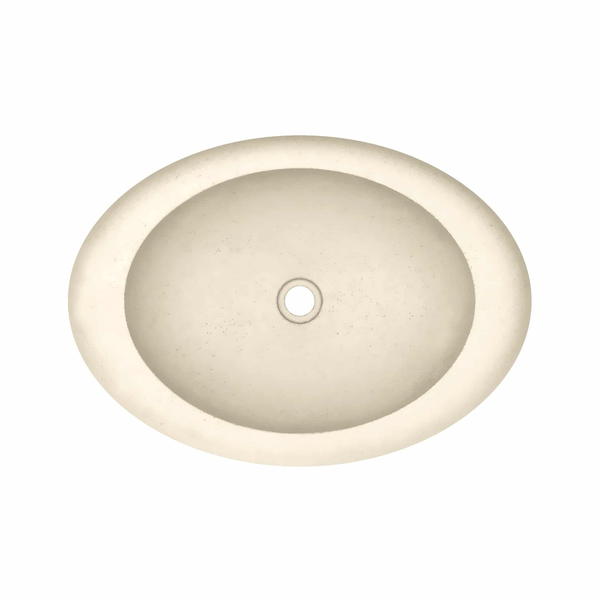 Oval bathroom sink in sand color with center drain hole, viewed from above.
