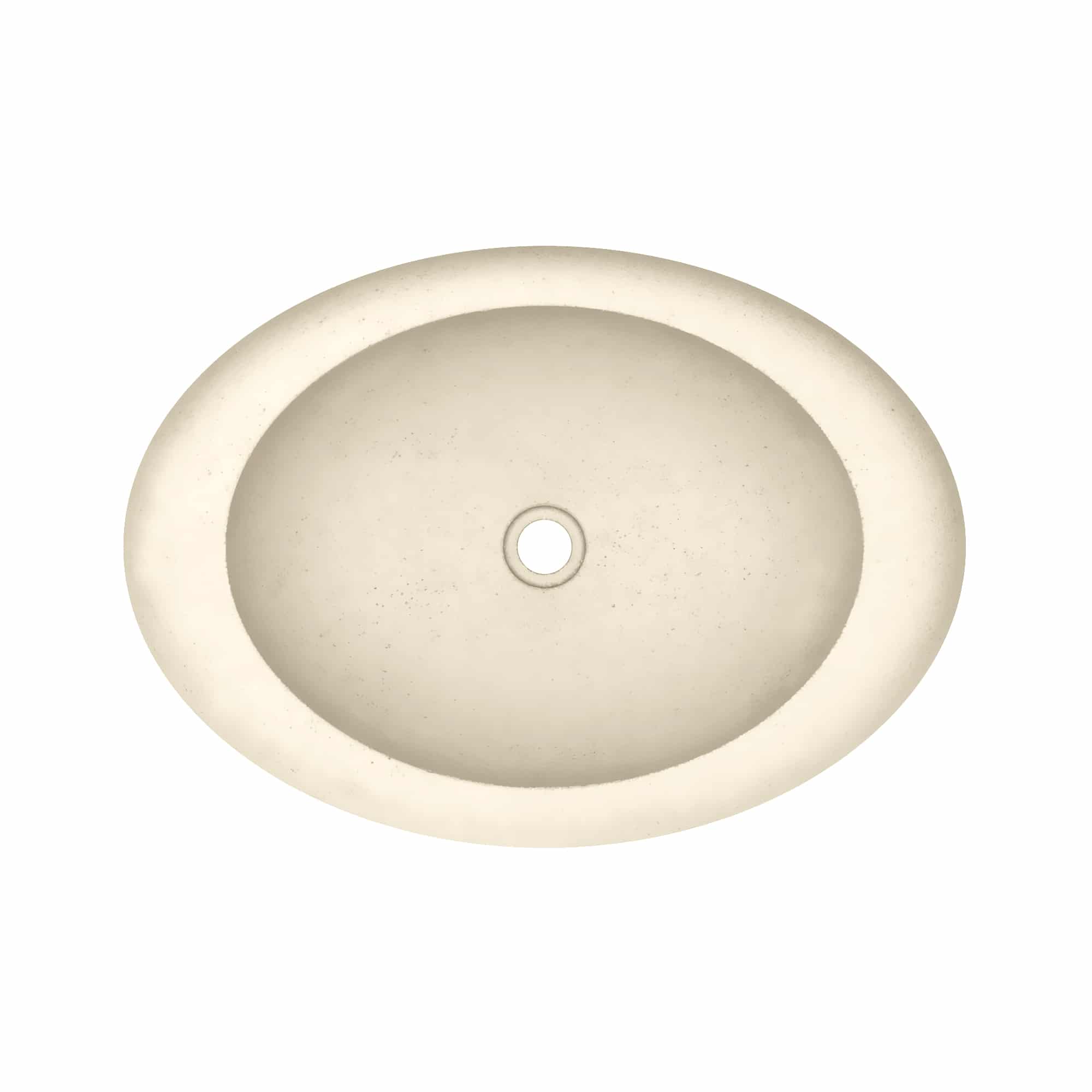 Oval bathroom sink in sand color with center drain hole, viewed from above.