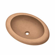 Terracotta-colored oval sink basin with textured surface and center drain hole, viewed from above at an angle.