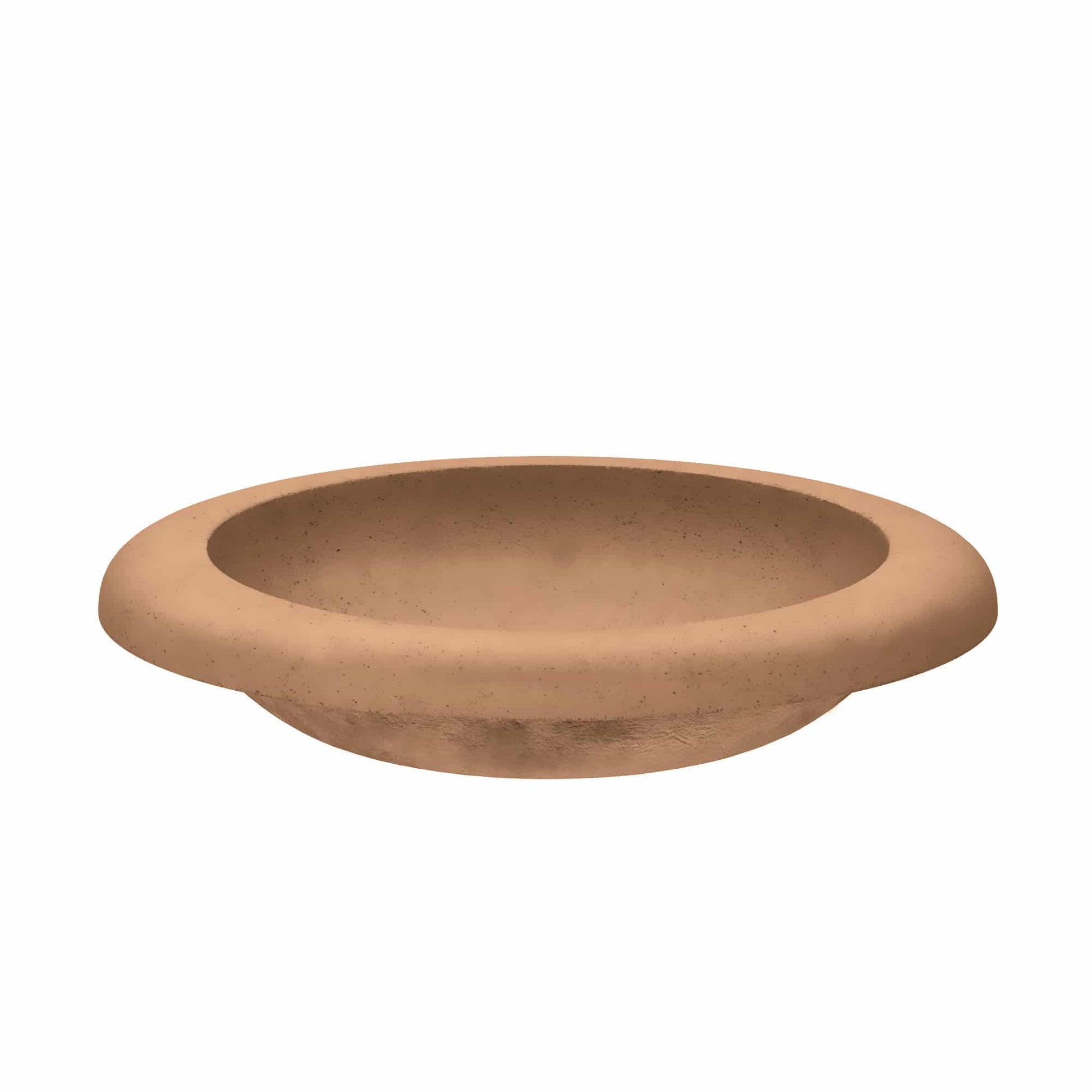 Terracotta-colored round vessel sink with wide rim and shallow basin.