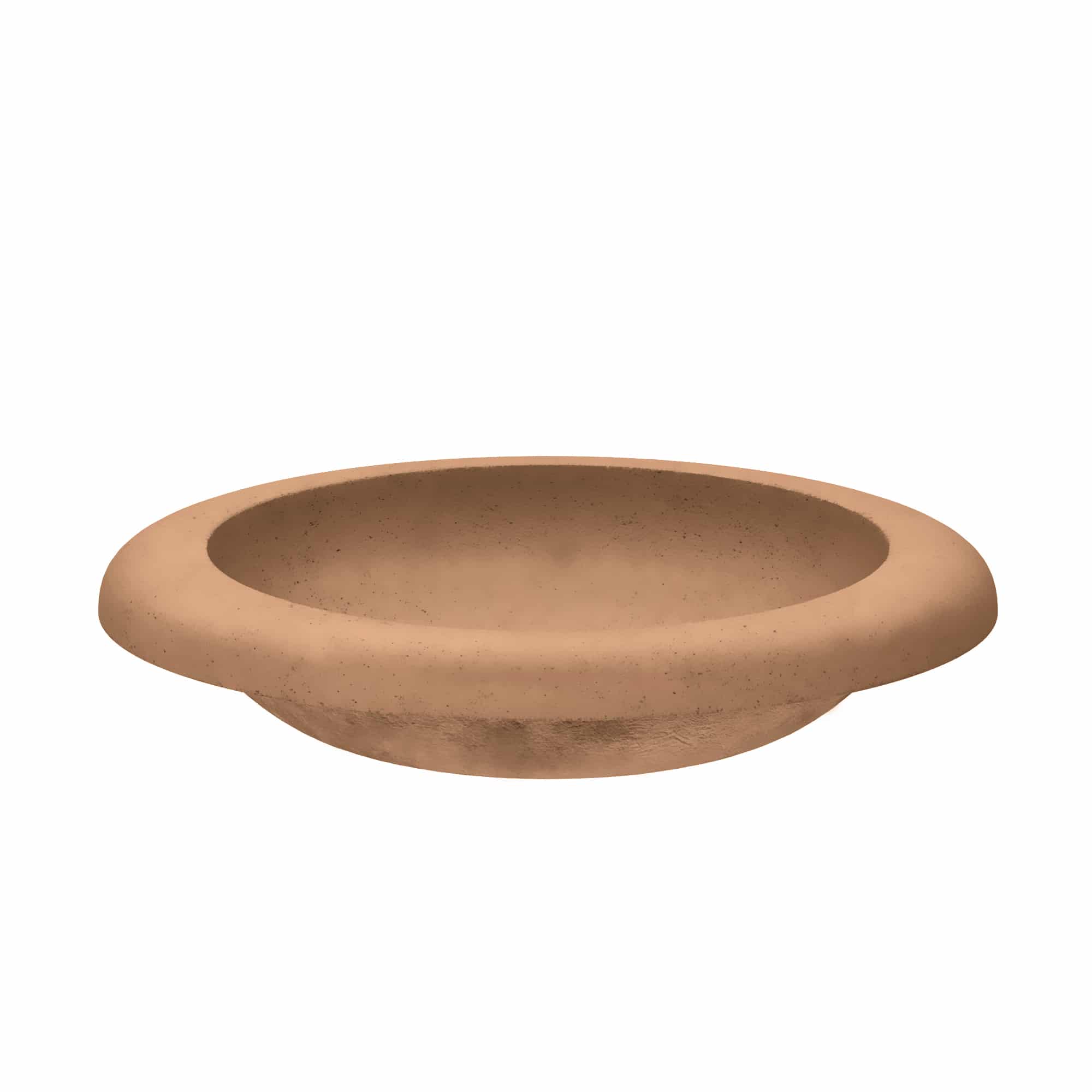 Terracotta-colored round vessel sink with wide rim and shallow basin.