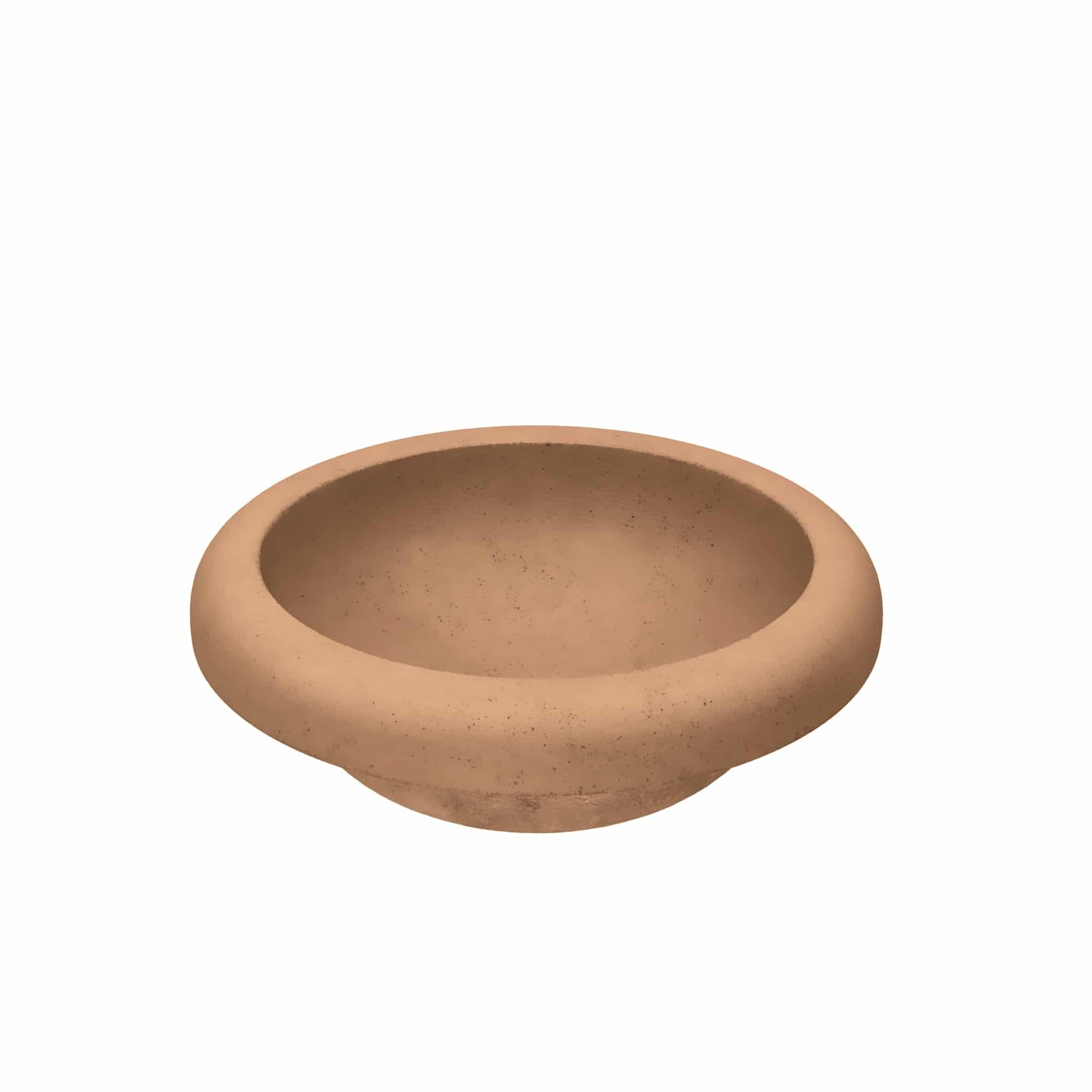 Terracotta-colored round vessel sink with wide rim and speckled finish.