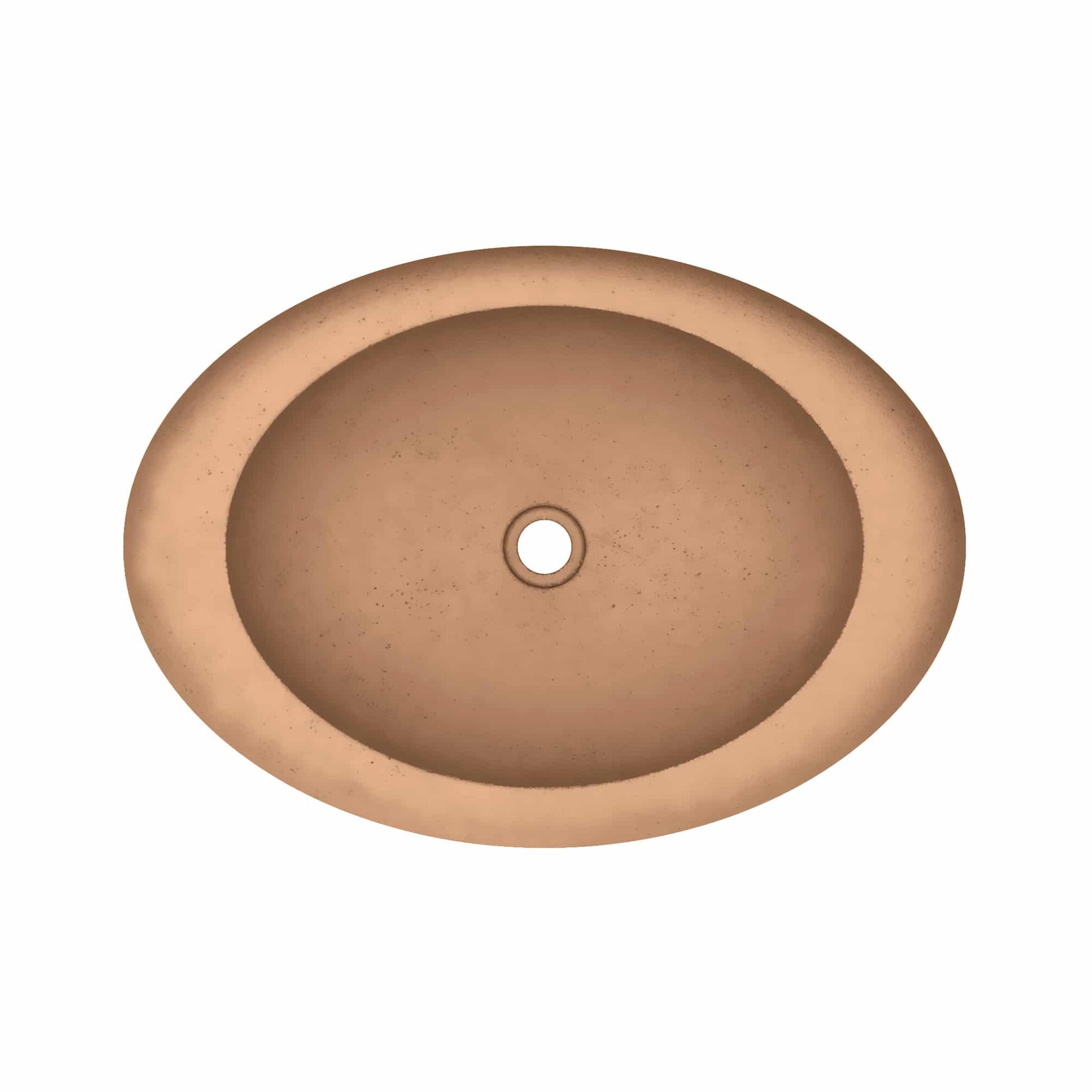 Terracotta oval sink with nested basin design and center drain hole, viewed from above.