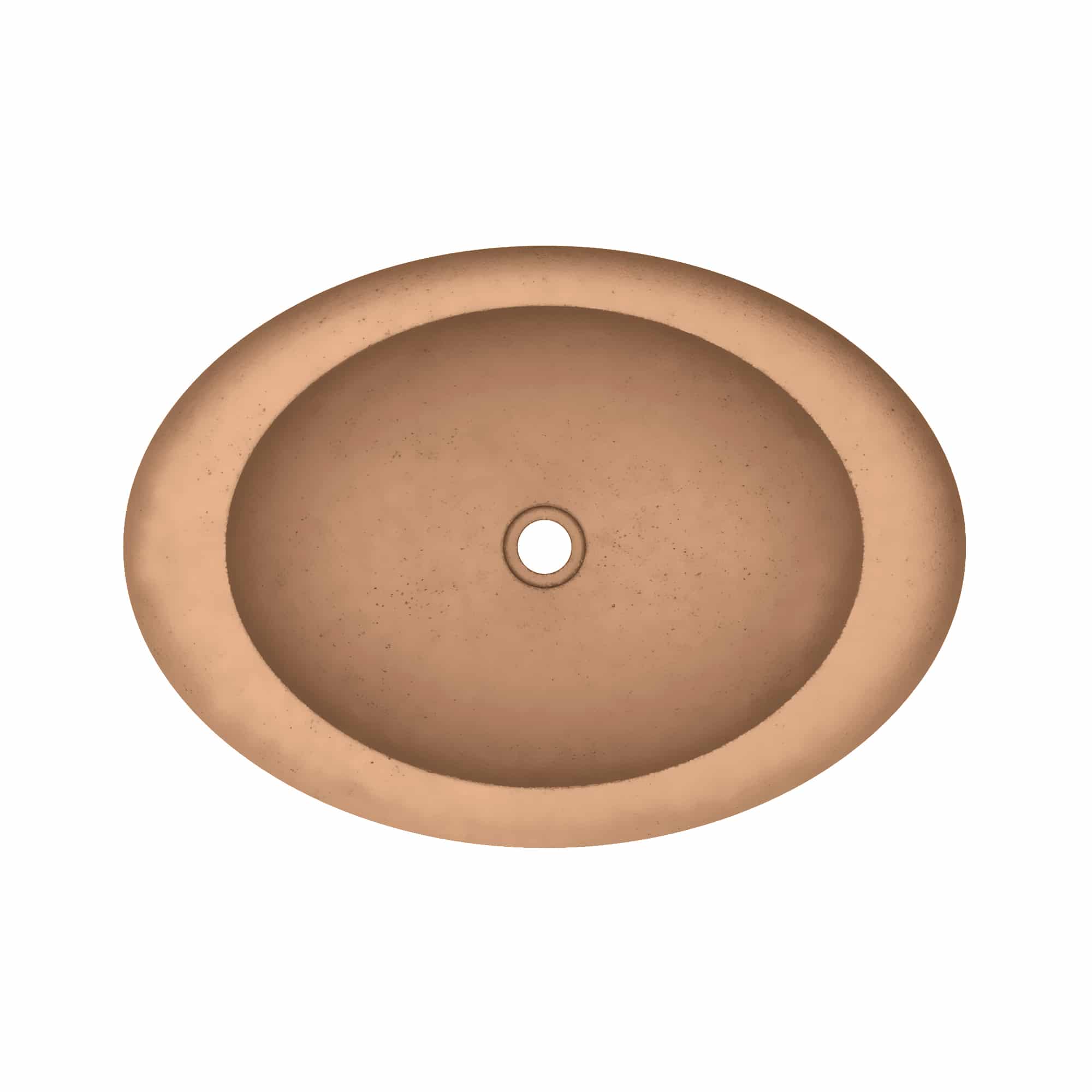Terracotta oval sink with nested basin design and center drain hole, viewed from above.