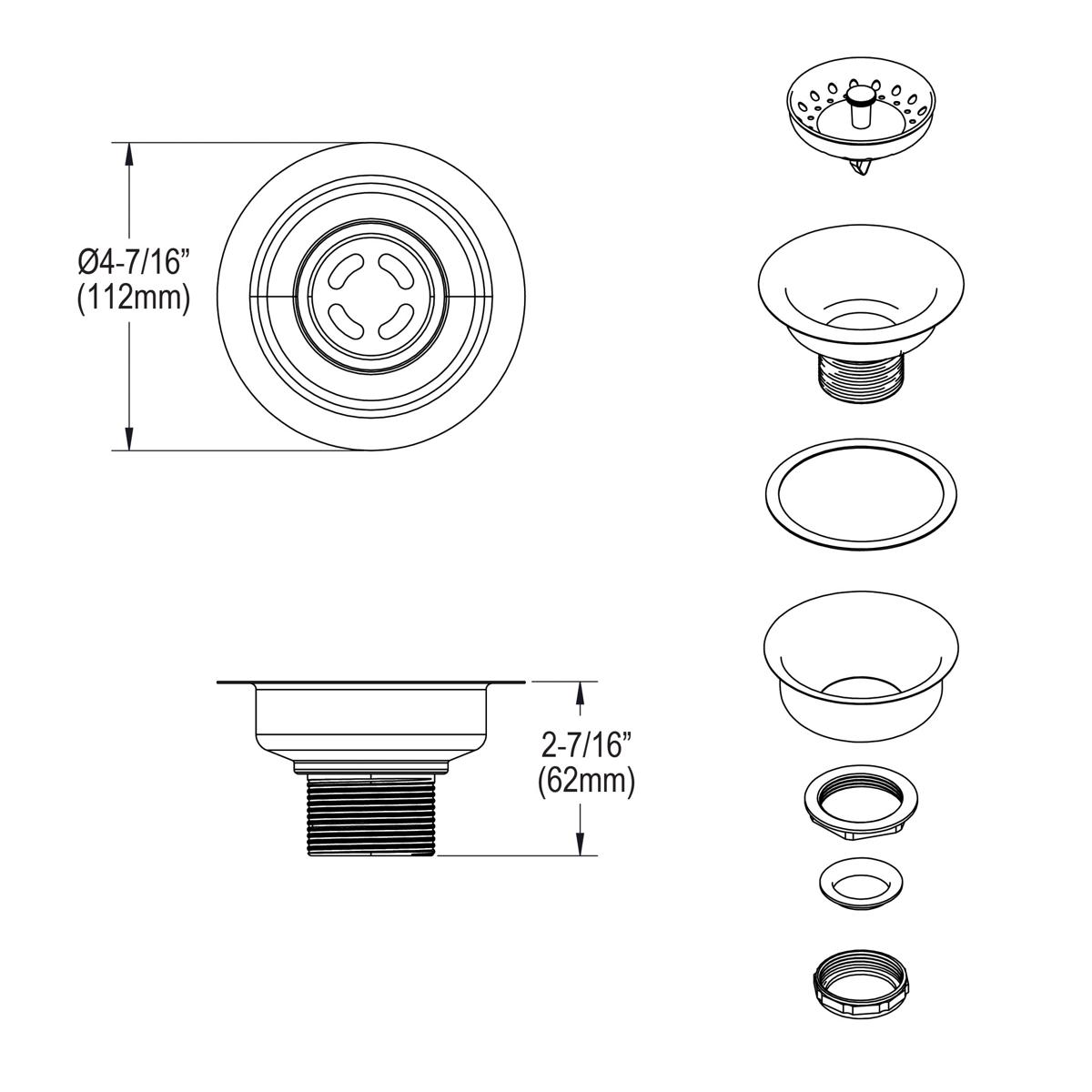 Stainless steel sink drain assembly with removable basket strainer, rubber stopper, and component parts shown separately.