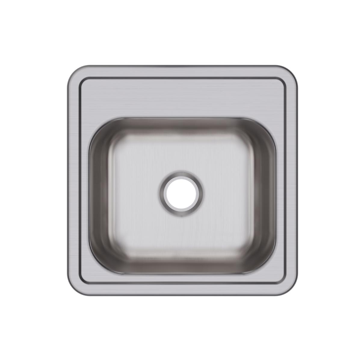 Square stainless steel drop-in bar sink with single bowl and centered drain opening, viewed from above.