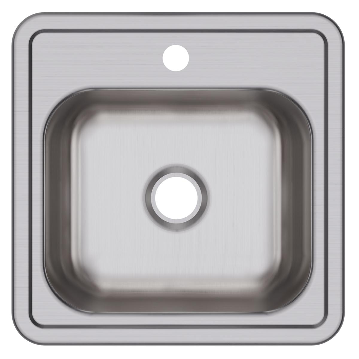 Stainless steel square drop-in bar sink with single bowl, rounded corners, one faucet hole, and center drain opening.