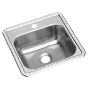 Stainless steel drop-in bar sink with single bowl, one faucet hole, and center drain opening.