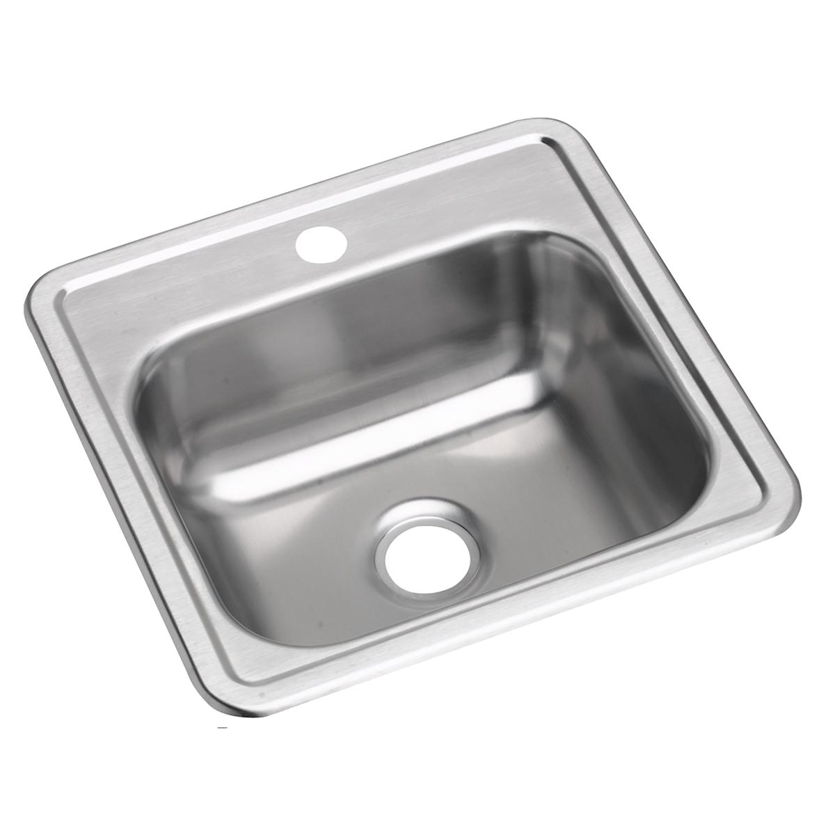 Stainless steel drop-in bar sink with single bowl, one faucet hole, and center drain opening.