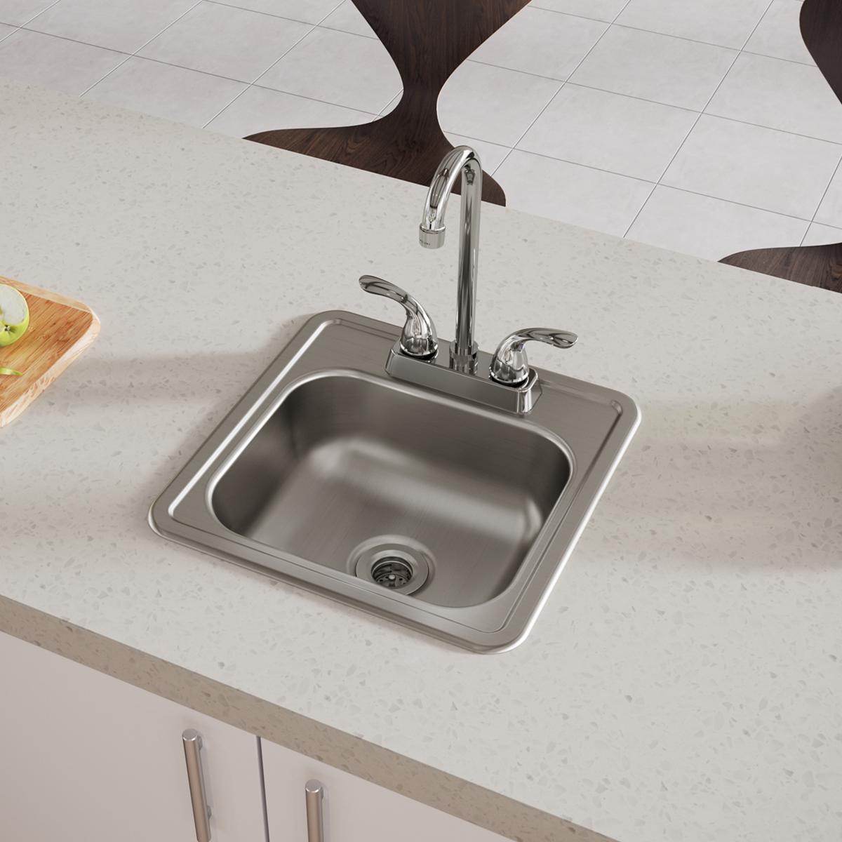 Stainless steel square drop-in bar sink with single bowl, two faucet holes, and chrome two-handle faucet mounted on light cou