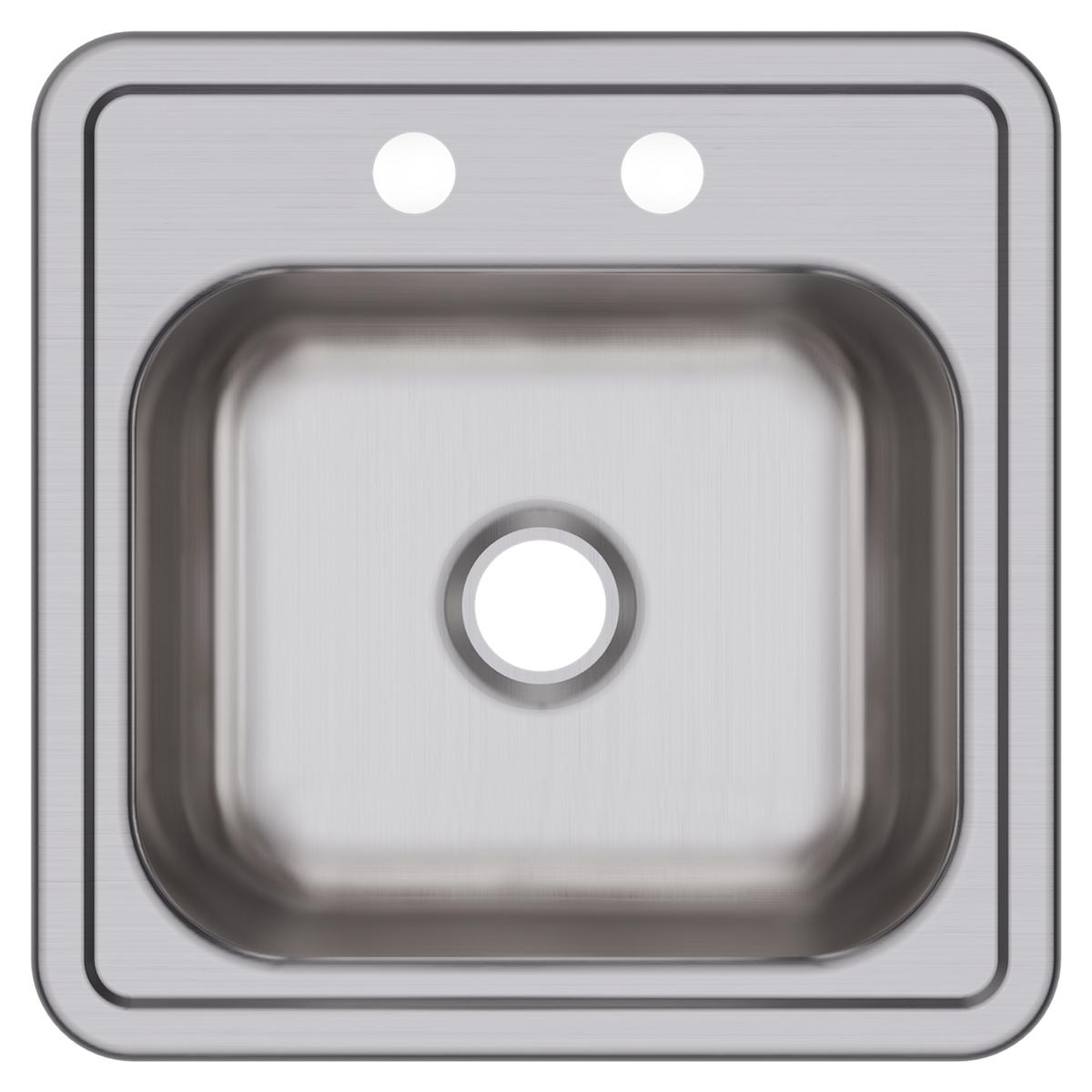Stainless steel drop-in bar sink with single bowl, two pre-drilled holes, and 2-inch drain opening, shown from above.