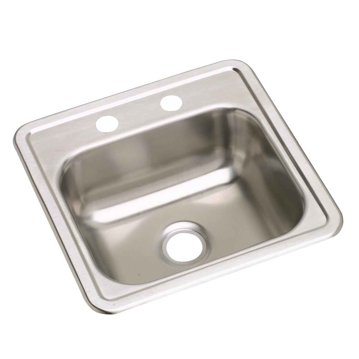 Stainless steel drop-in bar sink with single bowl, two faucet holes, and center drain opening.