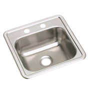 Stainless steel drop-in bar sink with single bowl, two faucet holes, and center drain opening.