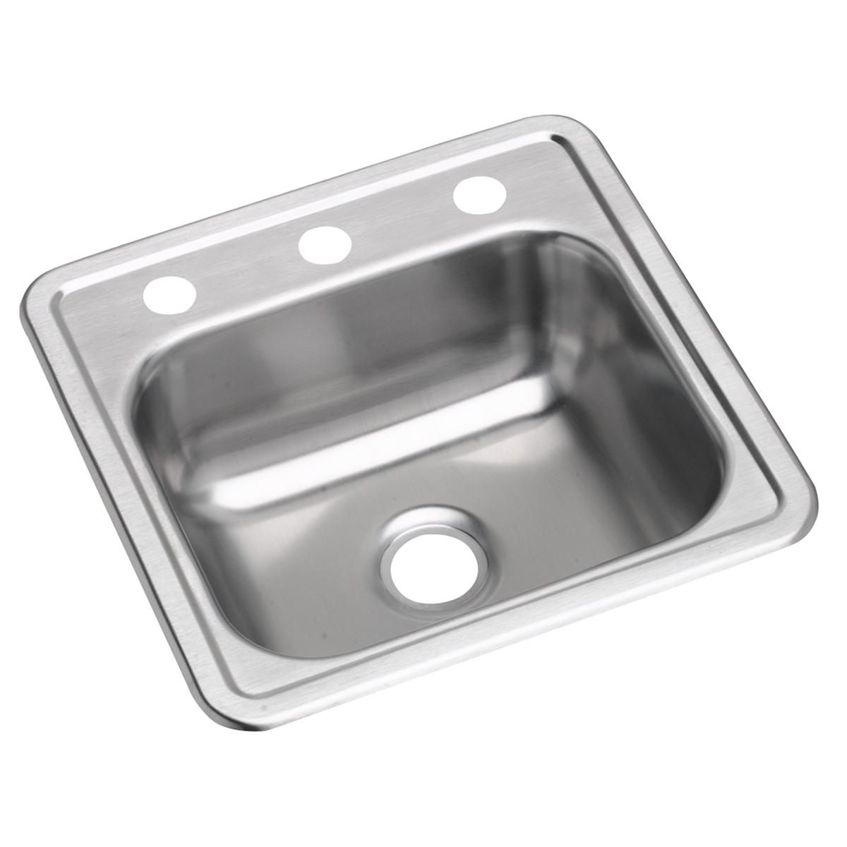 Stainless steel drop-in bar sink with single bowl, three mounting holes, and 2" drain opening.